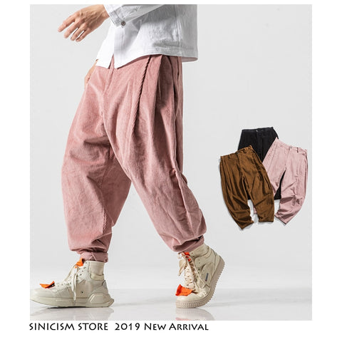 Sinicism Store Men Corduroy Harem Pants 2019 Autumn Chinese Style Pants Mens Solid Black Sweatpants Male Loose Trousers Oversize