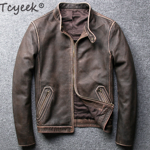 Tcyeek Winter Autumn Genuine Leather Jacket Men Streetweaar Real Sheepskin Coat Man Moto Biker Vintage Cow Leather Jackets 805